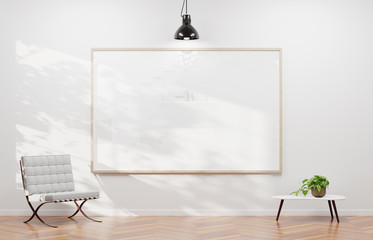 Large horizontal frame hanging on a white wall 3D rendering - obrazy, fototapety, plakaty