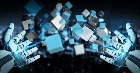 White cyborg hand using blue digital cube structure 3D rendering