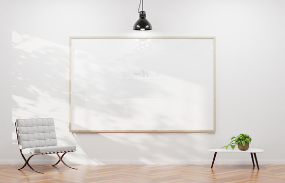 Large Horizontal Frame Hanging On A White Wall 3D Rendering