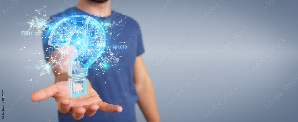 Poster businessman solving problem with digital question marks 3d rendering