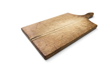 Old wooden cutting kitchen board on white background, included clipping path