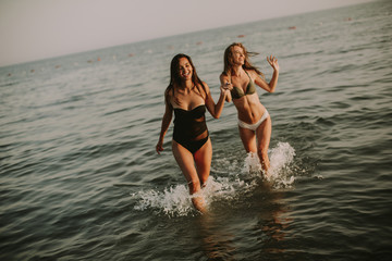 Pretty young women having fun by the sea