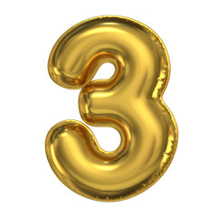 Golden balloon font 3d rendering, number 3