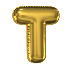 Golden balloon font 3d rendering, letter T