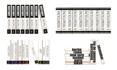 Generic books collection Vol. 2, isolated on white background, book set on shelf design element, 3d rendering