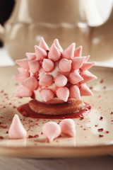 Pink restaurant dessert on porcelain plate
