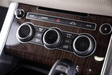 Wood trim control panel in car interior