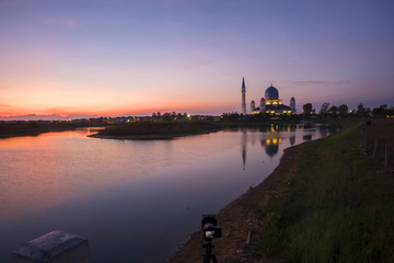 Fototapeta premium sunrise scenery at Penang Island Mosque with reflection.soft focus,blur available when view at full resolution.