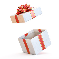 Open gift box with red bow and ribbon, present exploding 3d rendering
