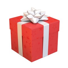 Red gift box with the white bow and ribbon, white present 3d rendering