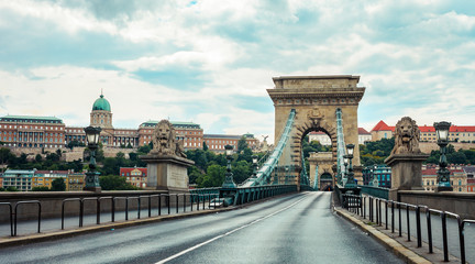 Panoramic view of the Széchenyi Chain Bridge in Budapest without cars Hungary