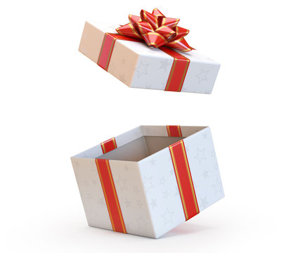 Open gift box with red bow and ribbon, present exploding 3d rendering