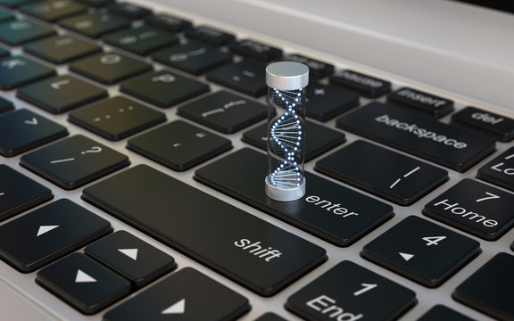 DNA 3d icon on laptop keyboard, DNA research concept, online genotype testing, 3d rendering