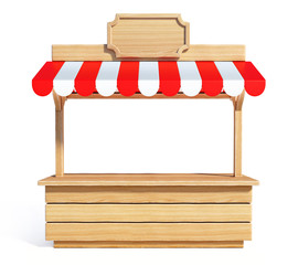 Market stall with striped red and white awning, wooden counter, kiosk, stand, 3d rendering - obrazy, fototapety, plakaty