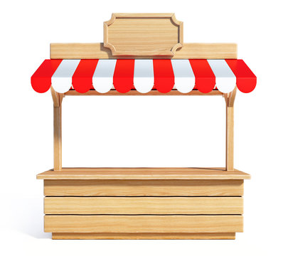 Market stall with striped red and white awning, wooden counter, kiosk, stand, 3d rendering