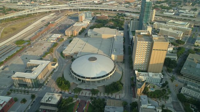 Aerial Static Footage Of The Fort Worth Convention Center Panning To Downtown.