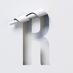 Cut out curled paper font 3d rendering letter R