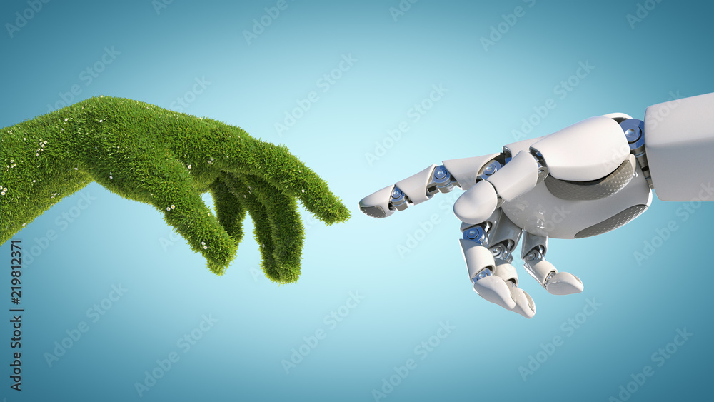 Fototapete nature and technology abstract concept, robot hand and natural hand covered with grass reaching to e