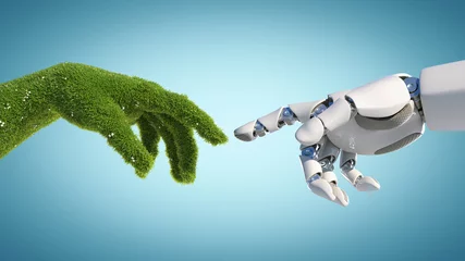 Foto op Plexiglas Nature and technology abstract concept, robot hand and natural hand covered with grass reaching to each other, tech and nature union, cooperation, 3d rendering © koya979