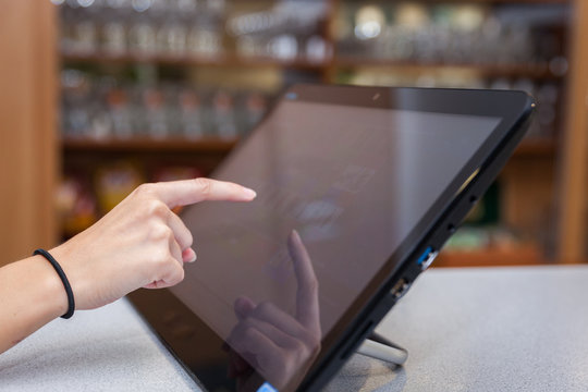 Touchscreen's cash register in the restaurant and commerce store