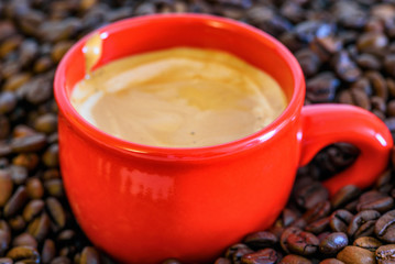 a cup of coffee on a background of coffee beans