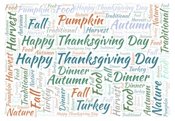 Happy Thanksgiving Day horizontal word cloud.