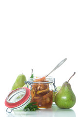 sweet fruit jam with apples and pears in a glass jar
