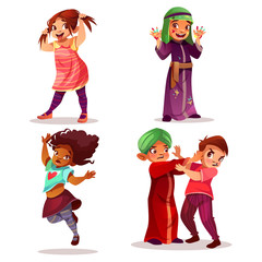 Naughty children vector illustration of kids mischief and misbehavior. Cartoon black Afro-Amercian make face or Saudi Arabian girl in paint stains and Indian boy fighting or beating friend