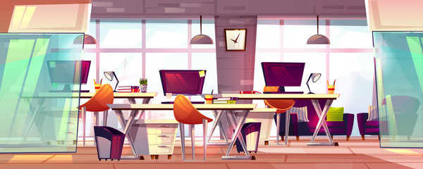 Office workspace vector illustration or coworking business open workplace interior. Cartoon modern furniture with computer tables, chairs and stationery, empty loft meeting room with glass windows