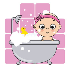 baby girl bathing in the bathtub. baby shower card.