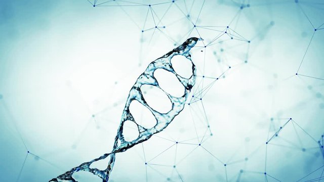 DNA molecule in water 3d illustration over blue background. 4K