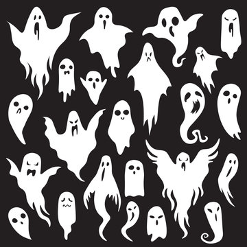 Halloween ghosts. Ghostly monster with Boo scary face. Spooky ghost flat vector icon set