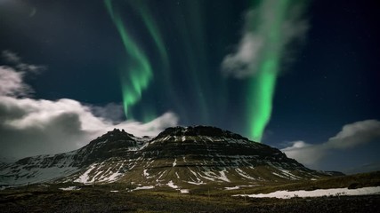 4K Time lapse film video movie night of Aurora Borealis (Northern lights) over Kirkjufell mountain, Iceland