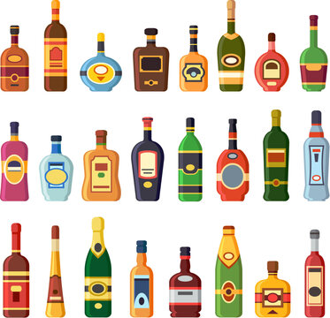 Alcohol bottles. Alcoholic liquor drink bottle with vodka, cognac and liqueur. Whisky, rum or brandy liquors isolated flat icons set