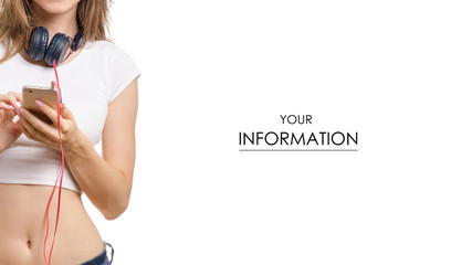 Beautiful young woman with a smartphone and headphones pattern on a white background isolation