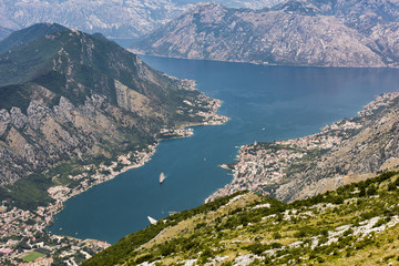 Fototapeta na wymiar Kotor Bay is a bay of from the Adriatic sea in southwestern Montenegro. The main town seen in the photo is Kotor which is one of the UNESCO’s World Heritage Sites