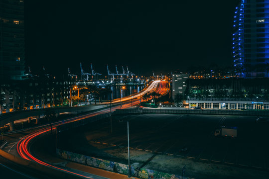 Light trails traffic in harbor road