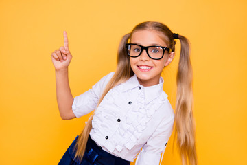 Back to school! First grade junior lifestyle teen concept. Close up studio photo portrait of cute...