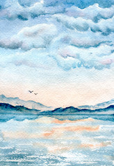 Clouds over sea, Hand painted watercolor illustration