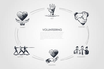 Volunteering - charity, together, community, dunation, support set concept.