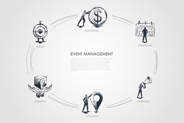 Event management - budgeting, scheduling, marketing, location, logistics set concept.