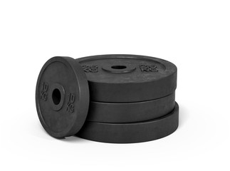 3d rendering of a stack made of several heavy black barbell weights on a white background.