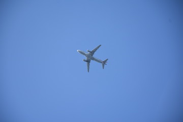Bottom of jet plane in the sky