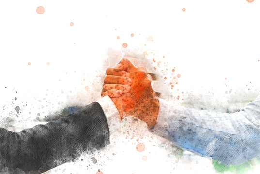 Abstract Join Hands Business Concept And Handshake Concept On Watercolor Painting Background.