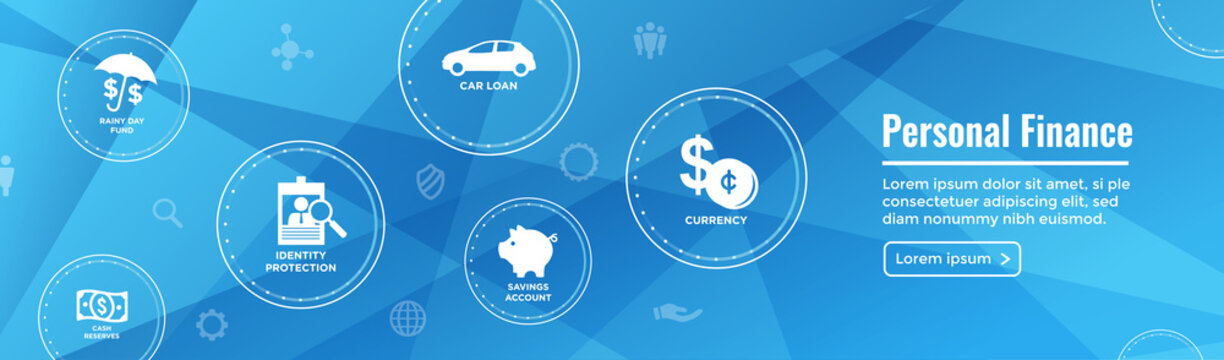 Personal Finance Web Header Banner with Rainy Day fund, cash reserves, savings account, hsa, and mortgage loan icon set