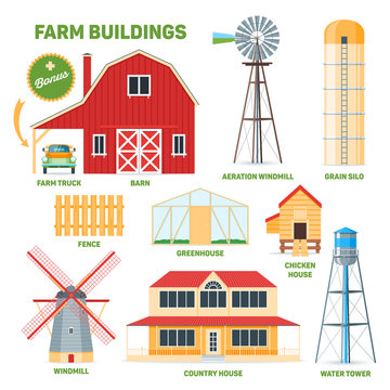 Farm buildings set. Cartoon images of barn, windmill, grain silo, greenhouse and water tower. Vector illustration