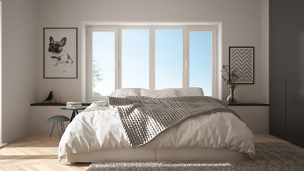 Scandinavian white and gray minimalist bedroom with panoramic window, fur carpet and herringbone parquet, modern architecture interior design