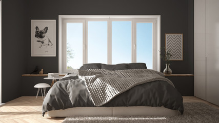 Scandinavian white and gray minimalist bedroom with panoramic window, fur carpet and herringbone parquet, modern architecture interior design