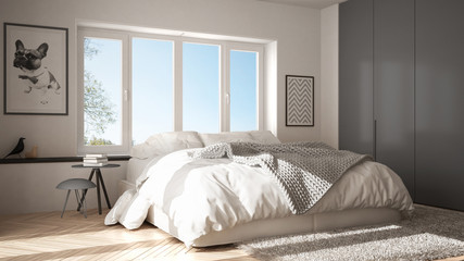 Scandinavian white and gray minimalist bedroom with panoramic window, fur carpet and herringbone parquet, modern architecture interior design