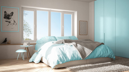Scandinavian white and blue minimalist bedroom with panoramic window, fur carpet and herringbone parquet, modern pastel architecture interior design